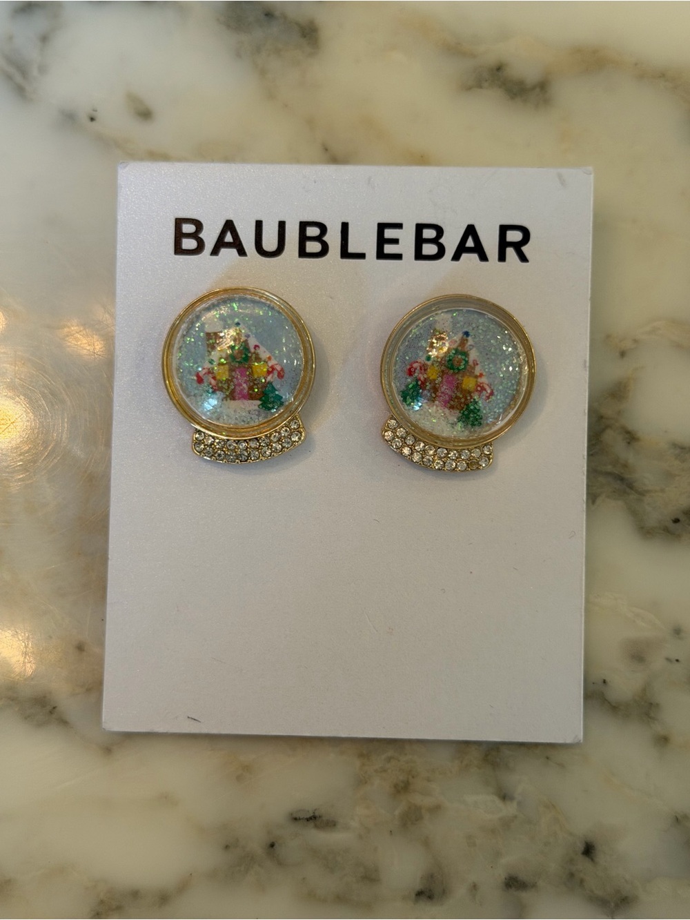 NWT BaubleBar Gold Tone Stud Snow-Globe Ornament Gingerbread House Earrings